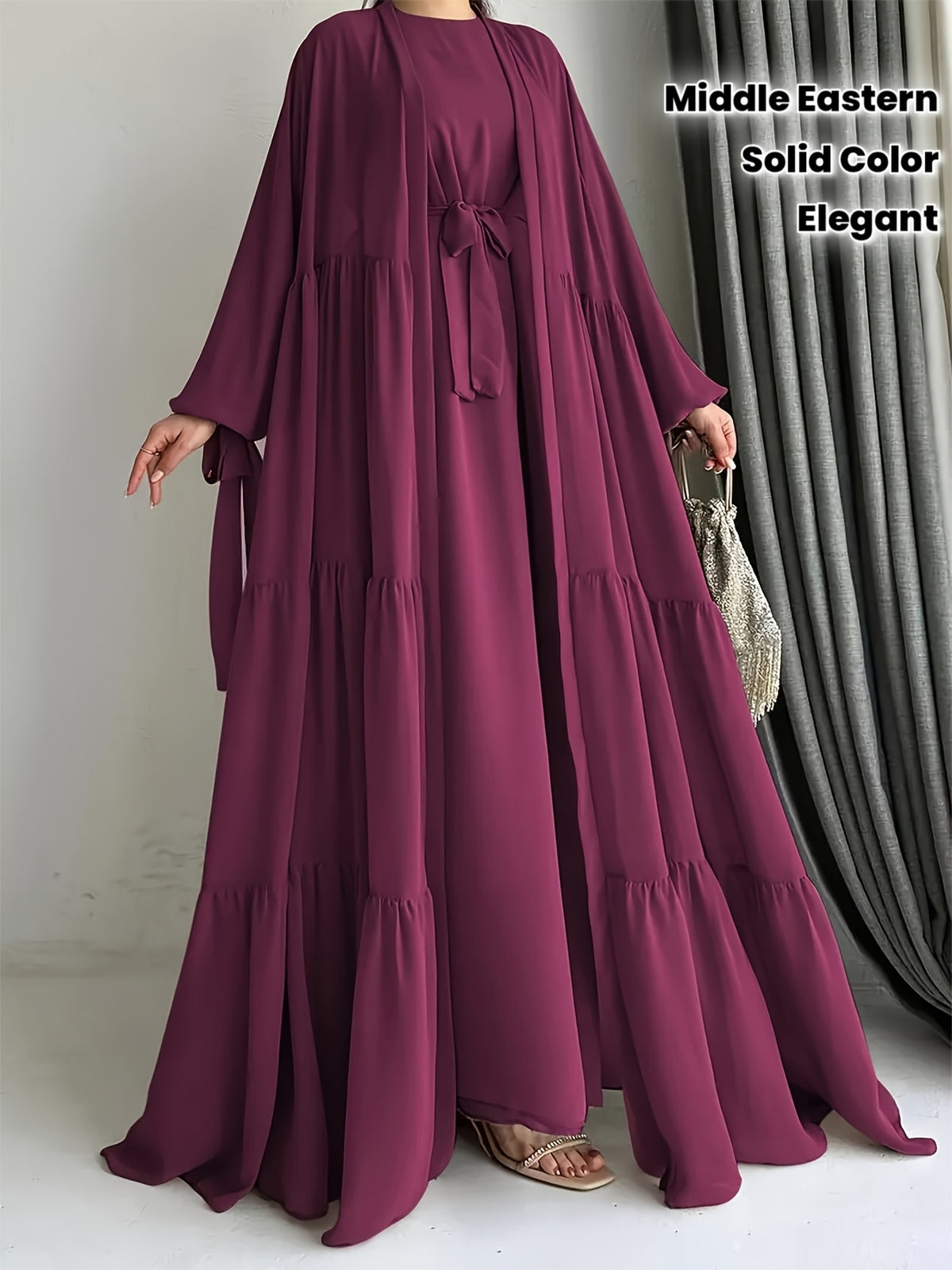 Women's Middle Eastern Muslim Solid Color Vest Dress + Robe Jacket