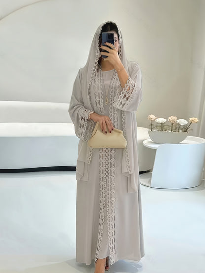 Open Robe Set with Lace, Sleeveless Slip Dress And Chiffon Headscarf