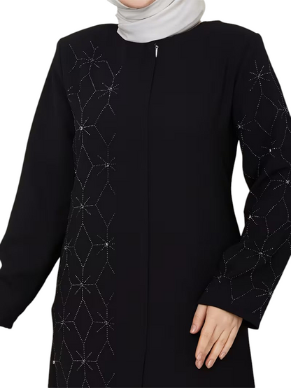 Linen & Loom black abaya featuring elegant geometric rhinestone patterns on the bodice and sleeves.