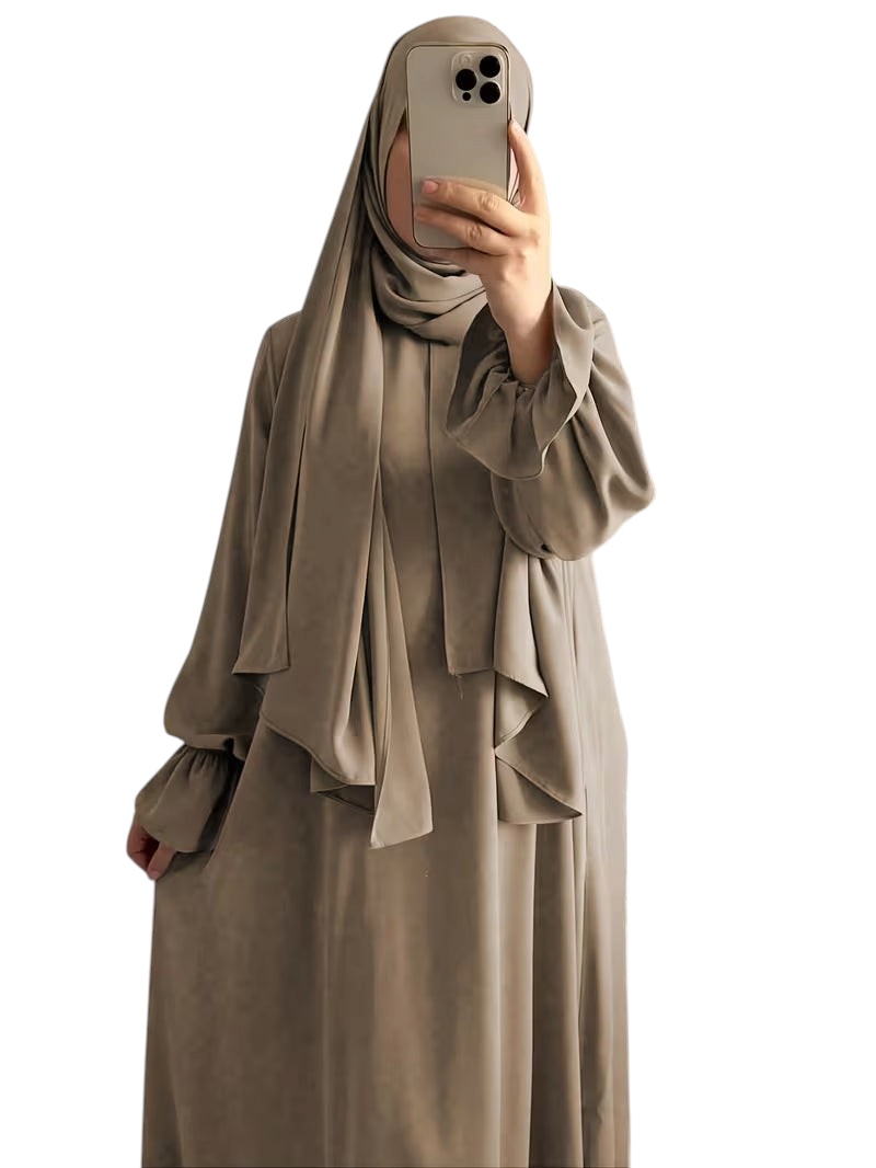Linen & Loom taupe one-piece abaya with elegant bell sleeves and matching hijab in a flowing modest silhouette