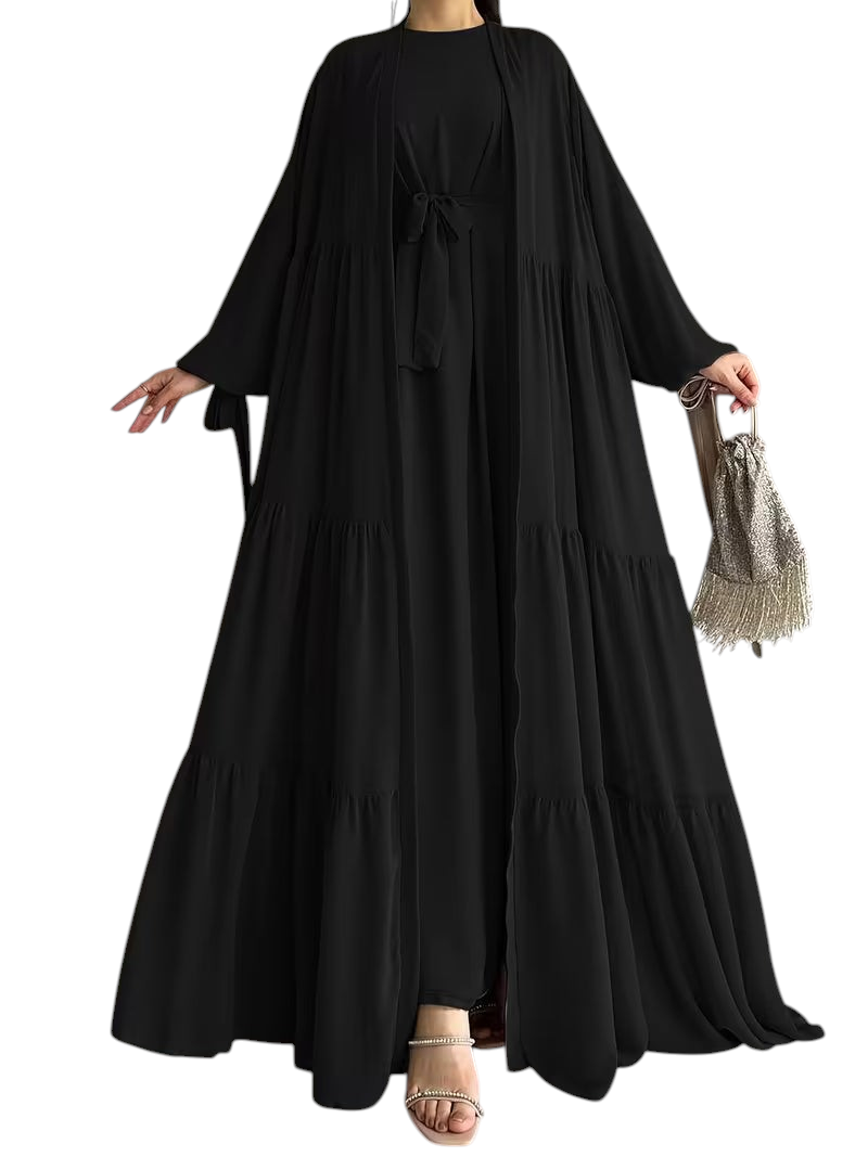 Linen & Loom black tiered vest dress and matching robe jacket set for a modest Middle Eastern inspired look