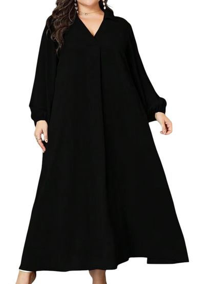 Linen & Loom plus size black V-neck maxi dress with long lantern sleeves and a flowing, comfortable silhouette.