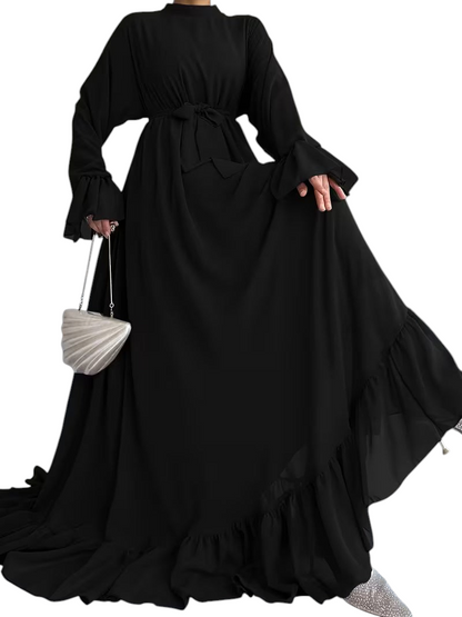 Linen & Loom black chiffon long abaya dress with ruffled sleeves and a tie waist, perfect for modest elegant style.