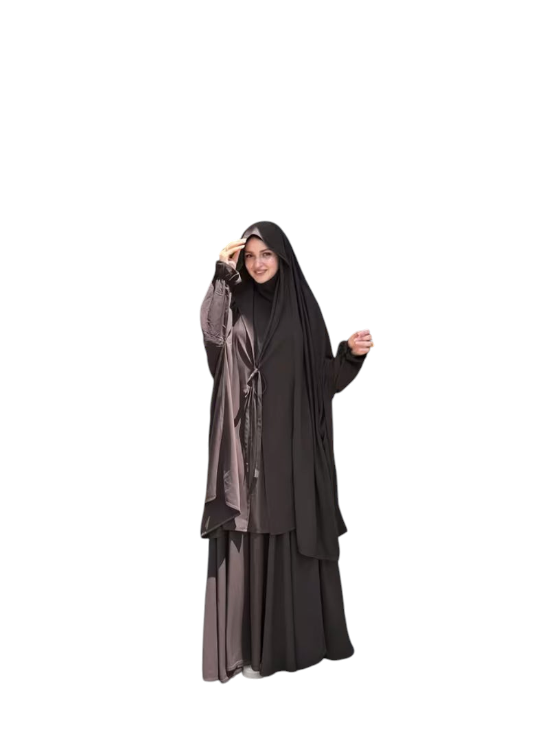 Linen & Loom dark brown 2-piece Arabic abaya set with lace-up front detail and matching headscarf on a woman