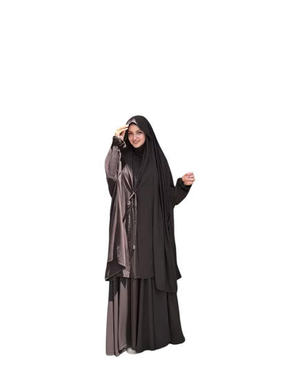 Linen & Loom dark brown 2-piece Arabic abaya set with lace-up front detail and matching headscarf on a woman