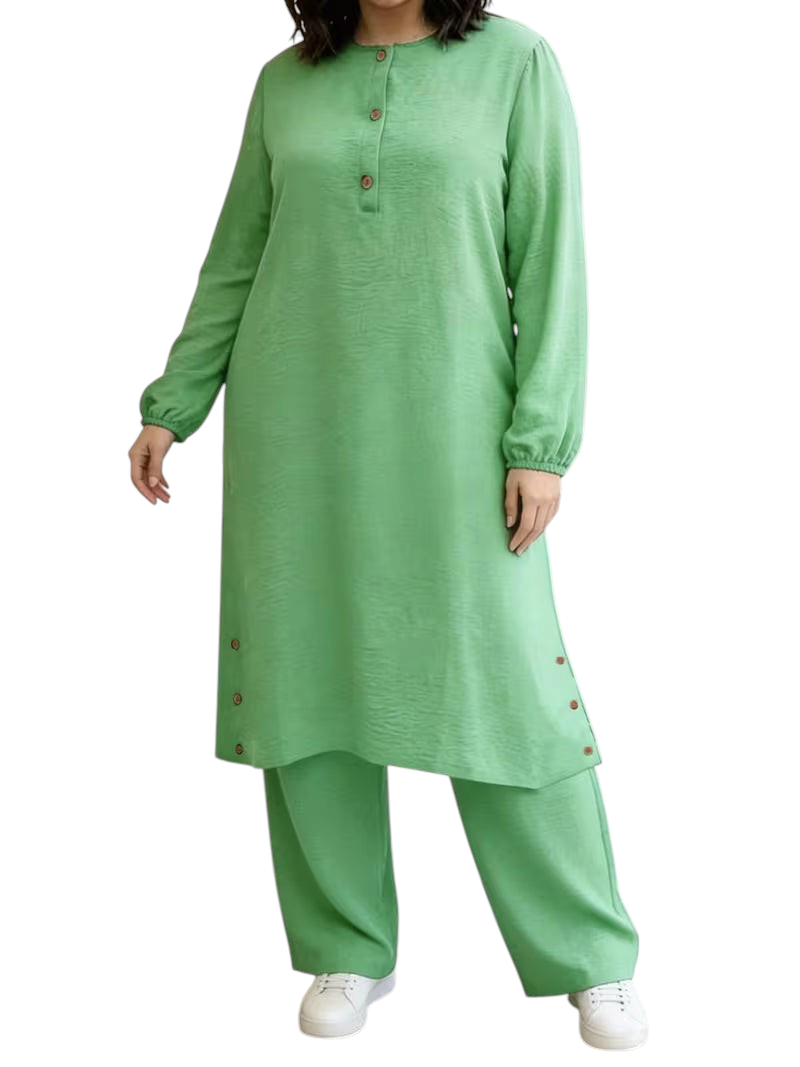 Linen & Loom light green long-sleeve abaya tunic with wooden buttons and matching wide-leg pants for a modest look.