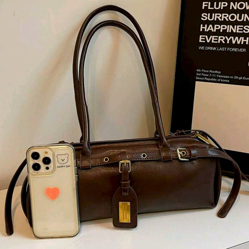 Women's Large Capacity Handbag with Belt Buckle Closure & Wrist Strap - Multifunctional Shoulder Bag