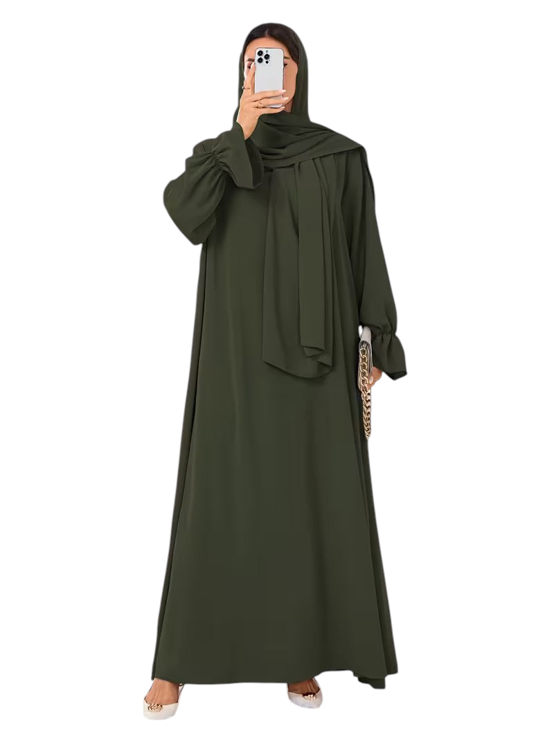 Linen & Loom olive green one-piece abaya with elegant bell sleeves and a matching hijab in a modest flowing style.