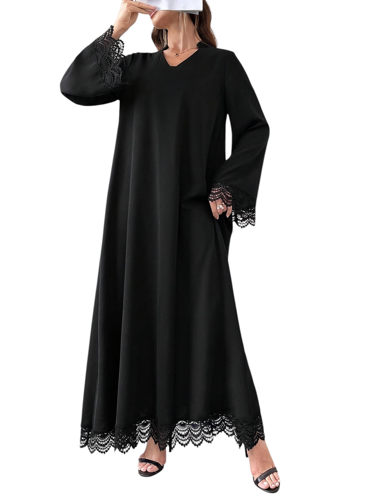 Linen & Loom plus size black abaya dress featuring elegant lace sleeves and a delicate lace hemline