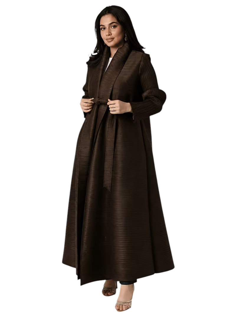 Linen & Loom dark brown pleated cape abaya with a tie-waist, featuring a flowing silhouette and modest design.