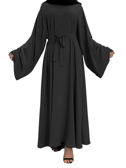 Linen & Loom black wide-sleeve abaya with an adjustable waist belt for a modest and elegant silhouette.
