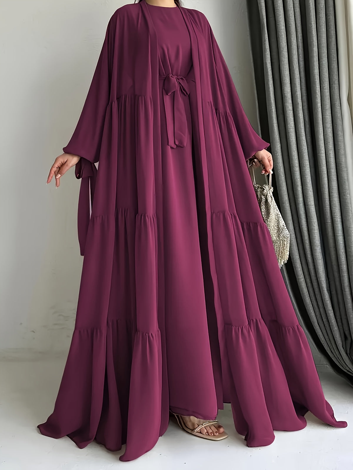 Women's Middle Eastern Muslim Solid Color Vest Dress + Robe Jacket