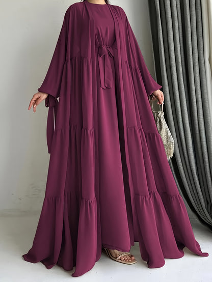 Women's Middle Eastern Muslim Solid Color Vest Dress + Robe Jacket