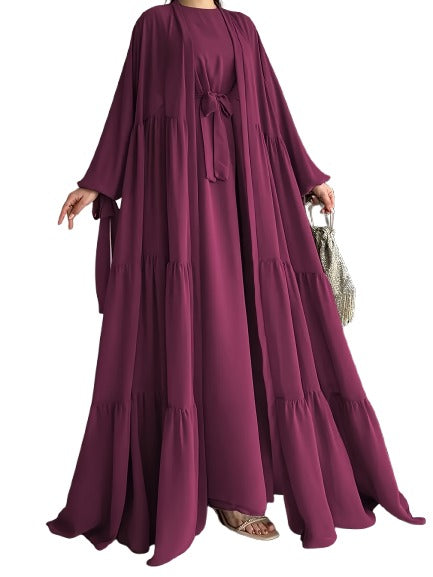 Women's Middle Eastern Muslim Solid Color Vest Dress + Robe Jacket