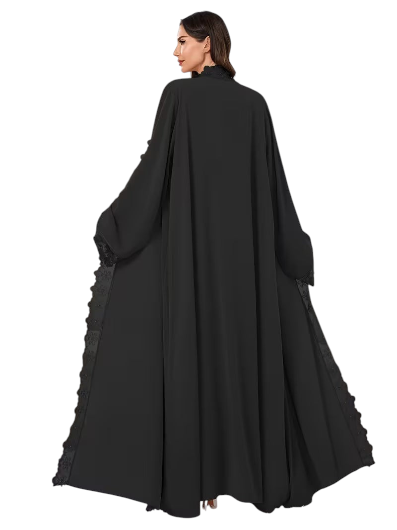 Linen & Loom black 2-piece abaya featuring delicate lace trim and beadwork in a flowing, modest full-length silhouette.