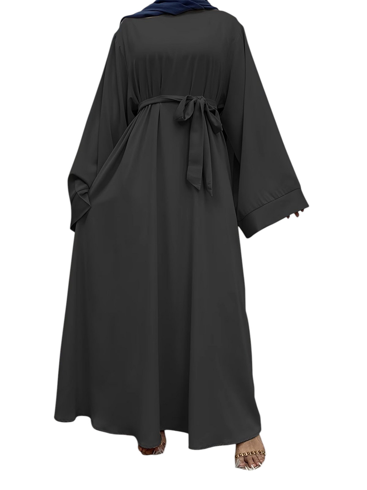 Linen & Loom elegant black abaya with wide sleeves and an adjustable waist belt for a modest and comfortable fit.