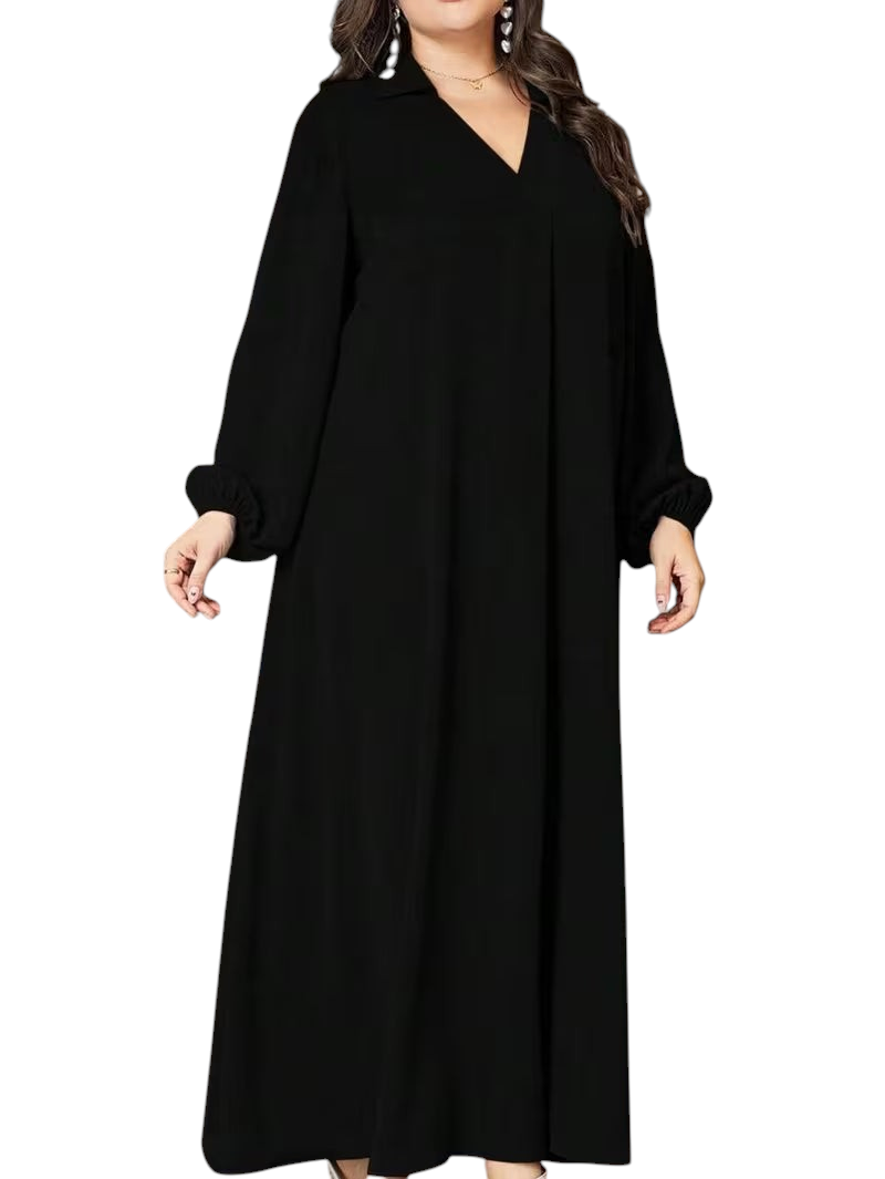 Linen & Loom plus-size black long dress with a V-neckline and elegant lantern sleeves in a relaxed flowing fit