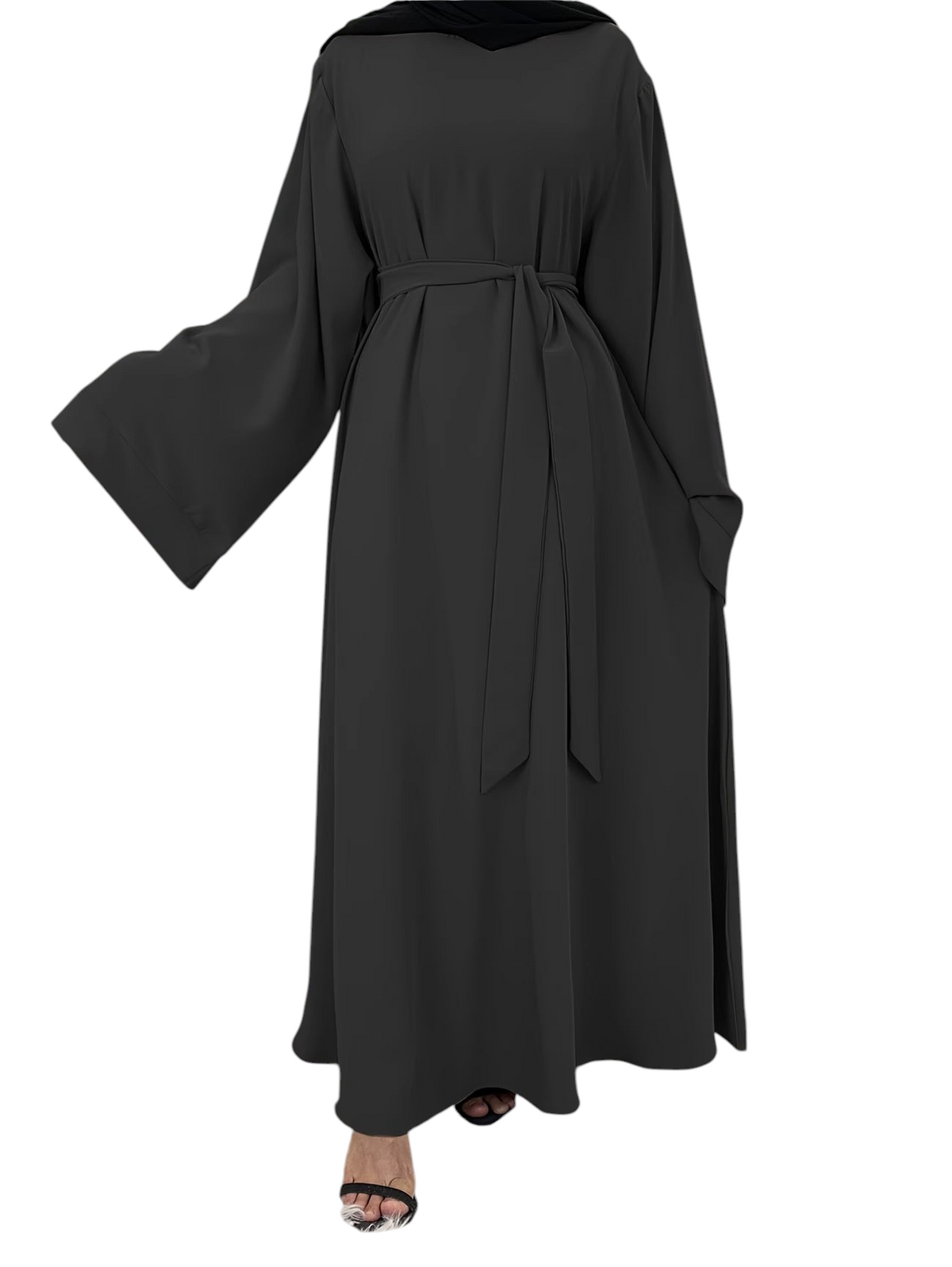 Linen & Loom black wide-sleeve abaya with an adjustable waist belt, featuring a modest and loose silhouette.