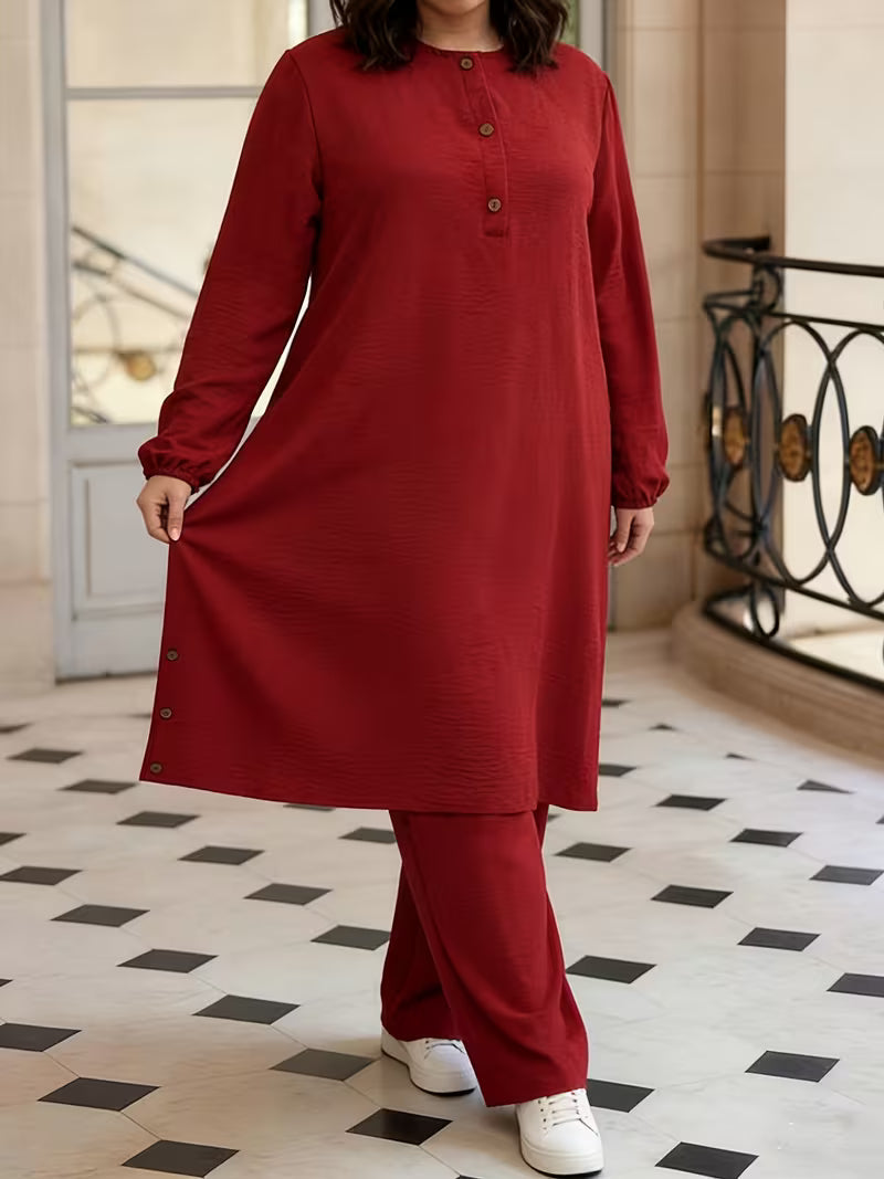 Wooden Button Abaya & Wide-Leg Pants Set