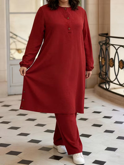 Wooden Button Abaya & Wide-Leg Pants Set