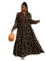 Linen & Loom plus size leopard print pleated maxi dress with long sleeves worn by a model with an orange handbag.