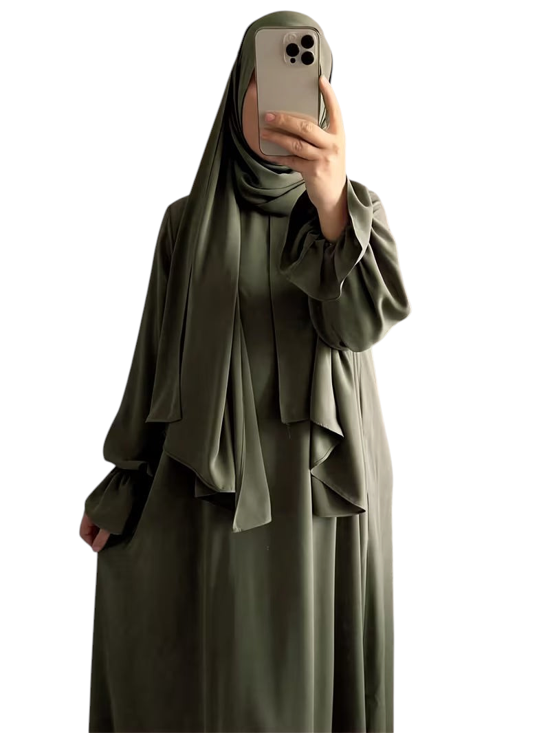 Linen & Loom olive green one-piece abaya with elegant bell sleeves and matching hijab in a flowing modest silhouette.