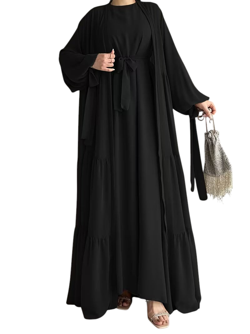 Linen & Loom black modest two-piece vest dress and robe set with tiered skirt and tie-waist detail