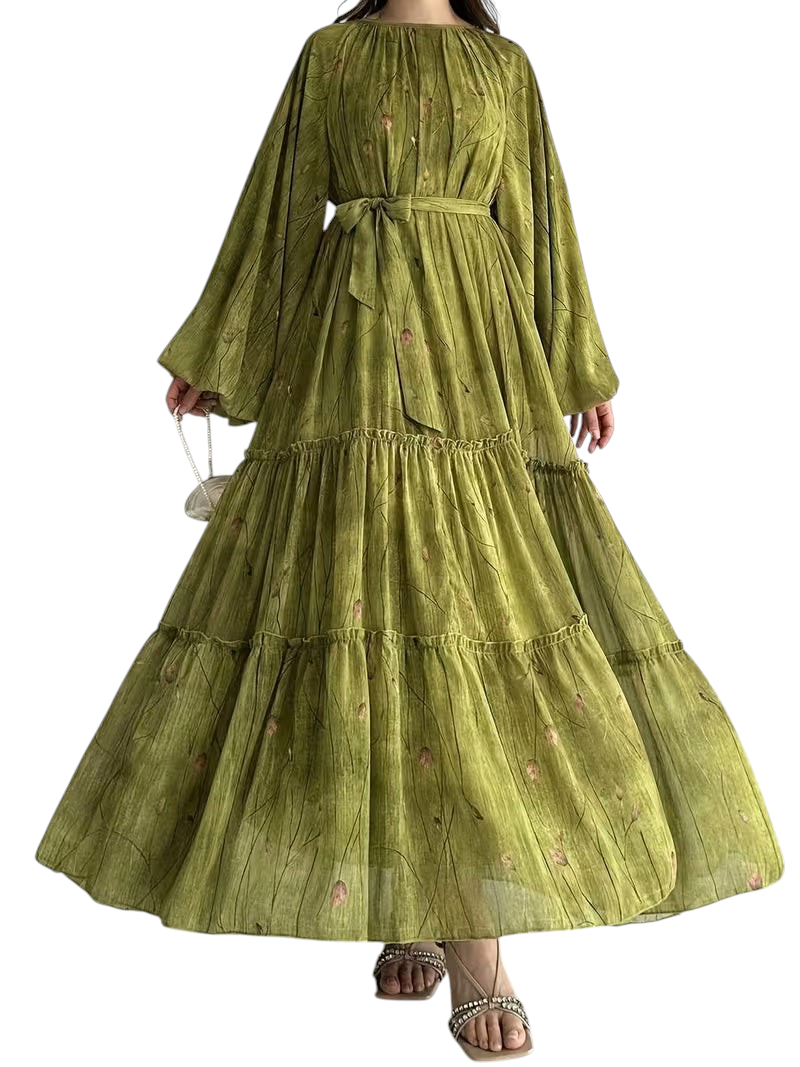 Linen & Loom olive green chiffon abaya dress with floral print, long flared sleeves, and a matching waist belt.