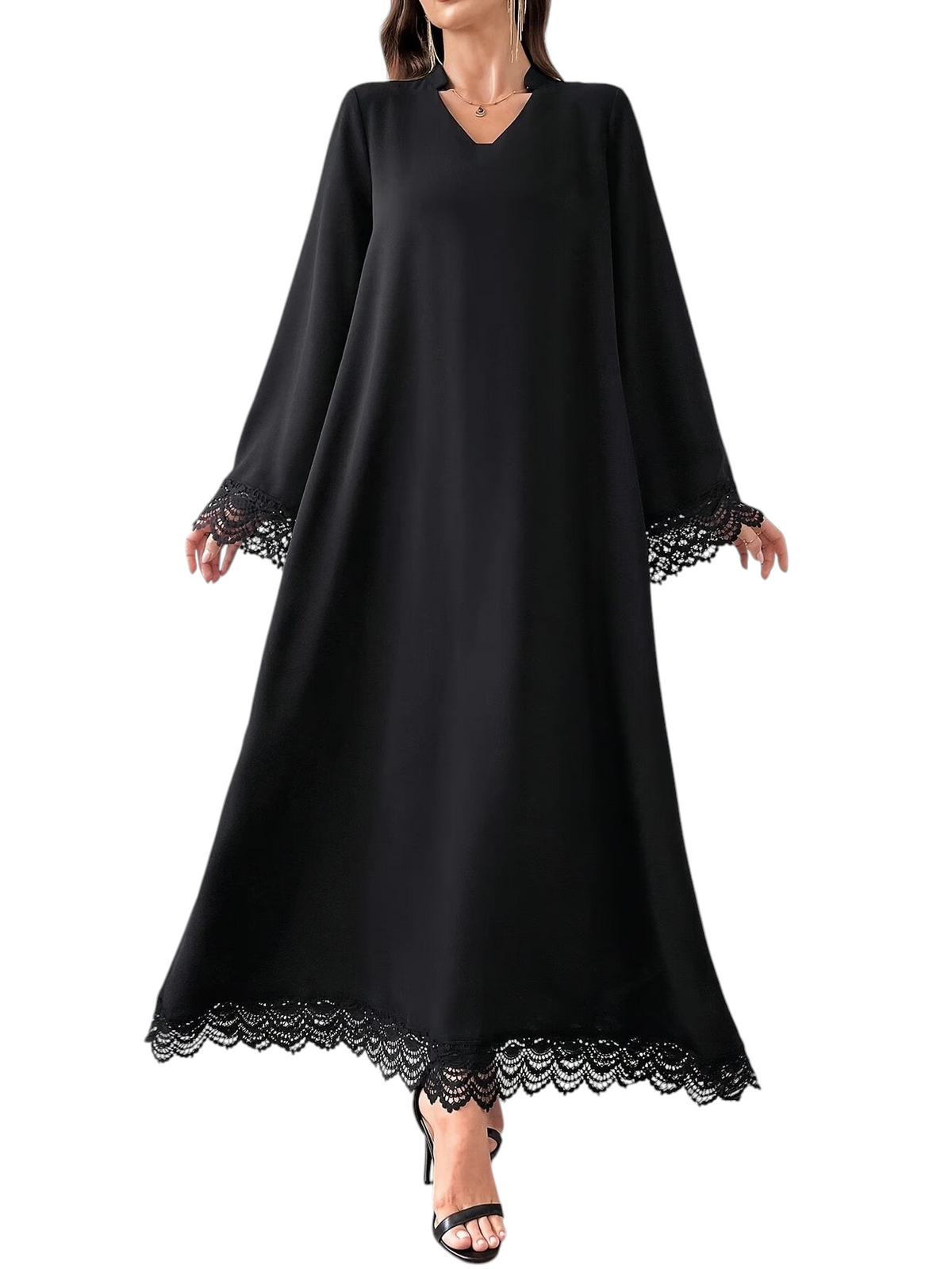 Linen & Loom plus-size black abaya dress featuring elegant lace sleeves and a matching lace hem in a flowing fit.