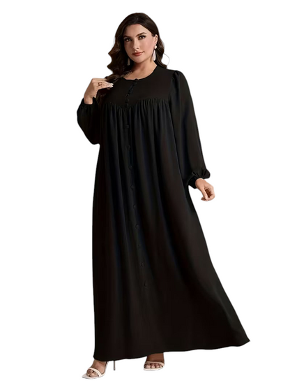 Linen & Loom plus size black long sleeve maxi dress with a round neckline and button-down front in a flowing silhouette