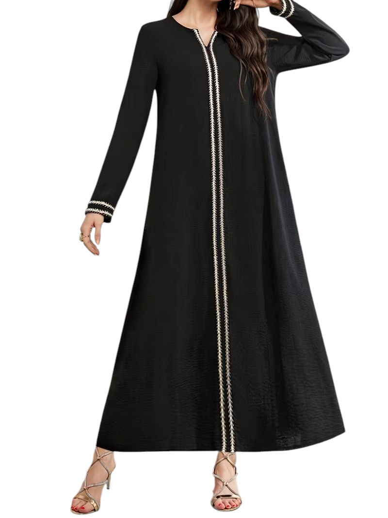Linen & Loom black Arab-style daily dress with long sleeves and decorative white embroidery trim