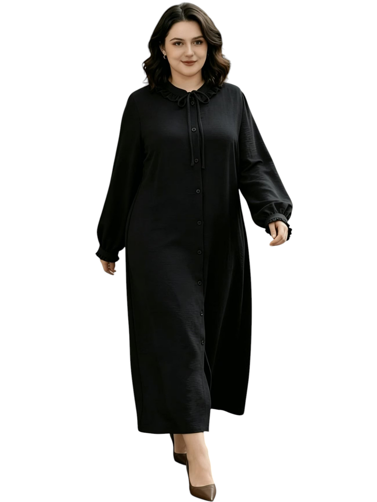 Linen & Loom black ruffle abaya dress with long sleeves, drawstring neckline, and button-down front on a woman