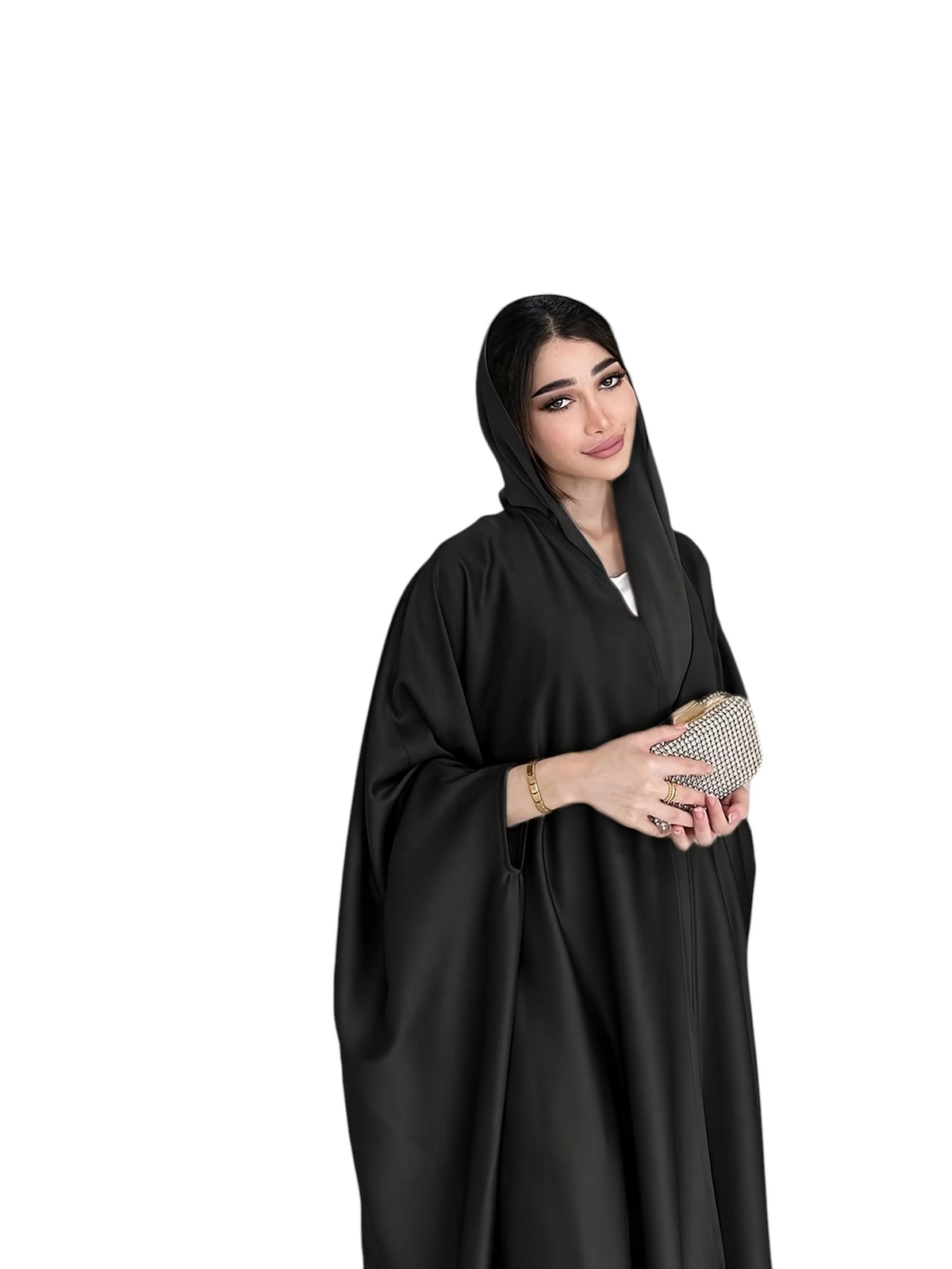Linen & Loom black batwing sleeve abaya gown worn by a woman with a matching hijab and a small embellished clutch