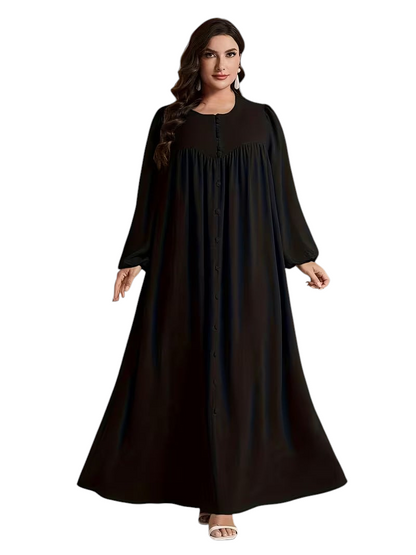 Linen & Loom plus-size black long-sleeve maxi dress with a round neckline and button-down front in a flowing silhouette.