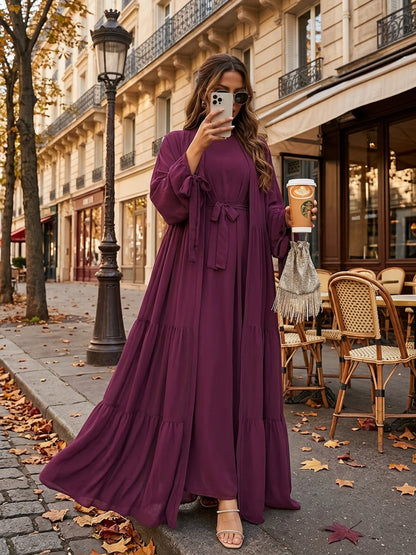 Women's Middle Eastern Muslim Solid Color Vest Dress + Robe Jacket