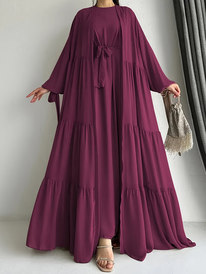 Women's Middle Eastern Muslim Solid Color Vest Dress + Robe Jacket