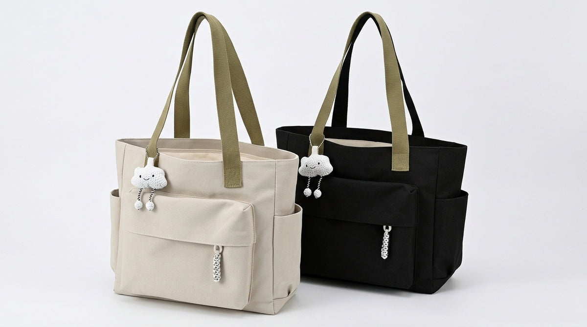 Canvas Tote Bag, Solid Color Casual Shoulder Bag, with Cute Plush Cloud Charm.