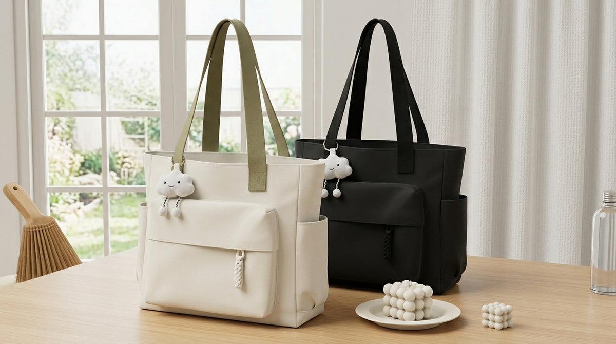 Canvas Tote Bag, Solid Color Casual Shoulder Bag, with Cute Plush Cloud Charm.