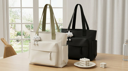 Canvas Tote Bag, Solid Color Casual Shoulder Bag, with Cute Plush Cloud Charm.