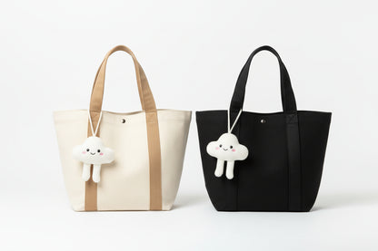 Canvas Tote Bag, Solid Color Casual Shoulder Bag, with Cute Plush Cloud Charm.