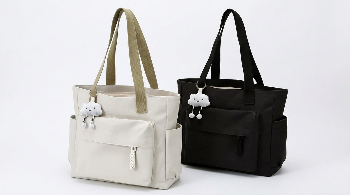Canvas Tote Bag, Solid Color Casual Shoulder Bag, with Cute Plush Cloud Charm.