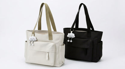 Canvas Tote Bag, Solid Color Casual Shoulder Bag, with Cute Plush Cloud Charm.