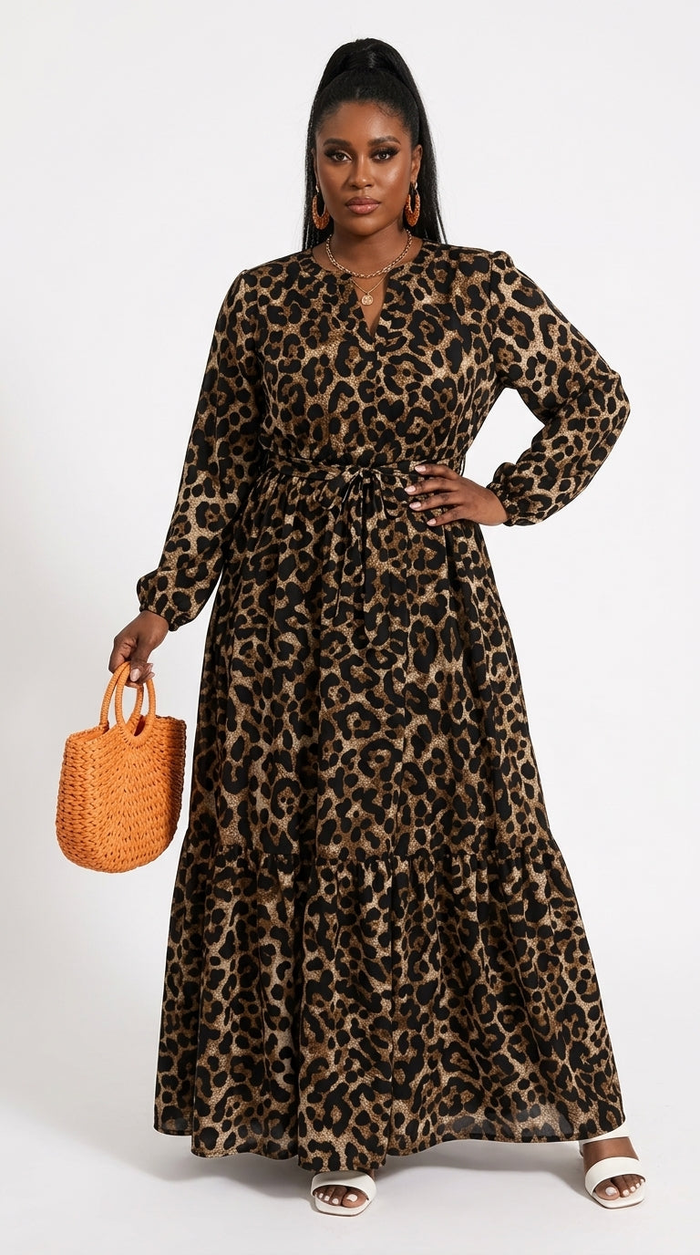 Plus Size Women'S Leopard Pleated Dress, Casual Party Outing Autumn Style