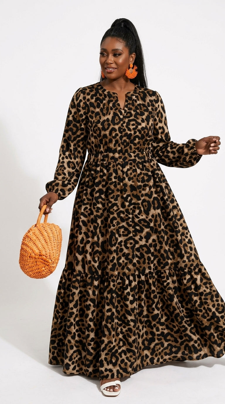 Plus Size Women'S Leopard Pleated Dress, Casual Party Outing Autumn Style