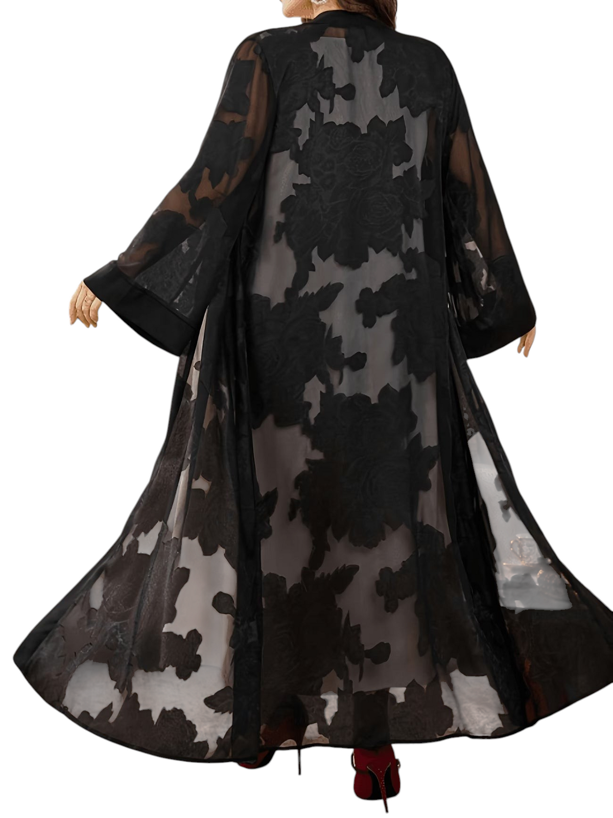 Linen & Loom plus size black chiffon jacquard abaya with long sleeves and a flowing, elegant floral pattern
