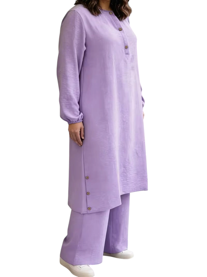 Linen & Loom lavender long-sleeve abaya tunic with wooden buttons and matching wide-leg pants in a woven polyester