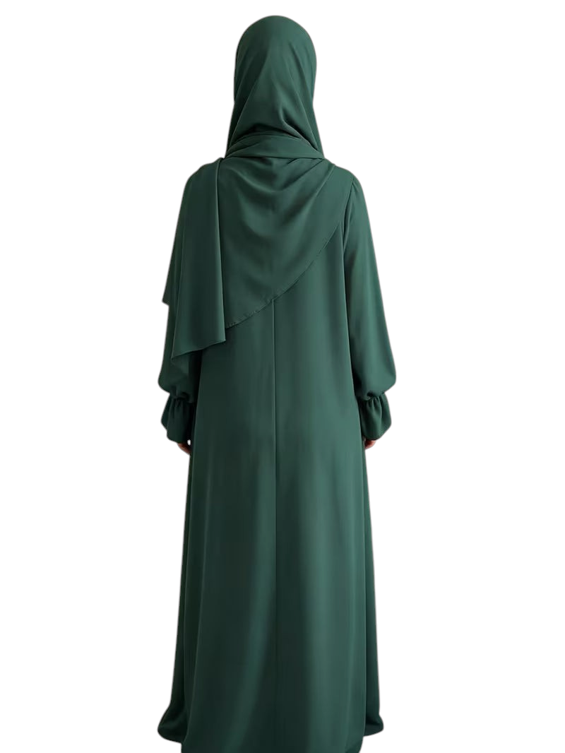 Linen & Loom dark green one-piece abaya with elegant bell sleeves and a matching hijab, shown from the back.