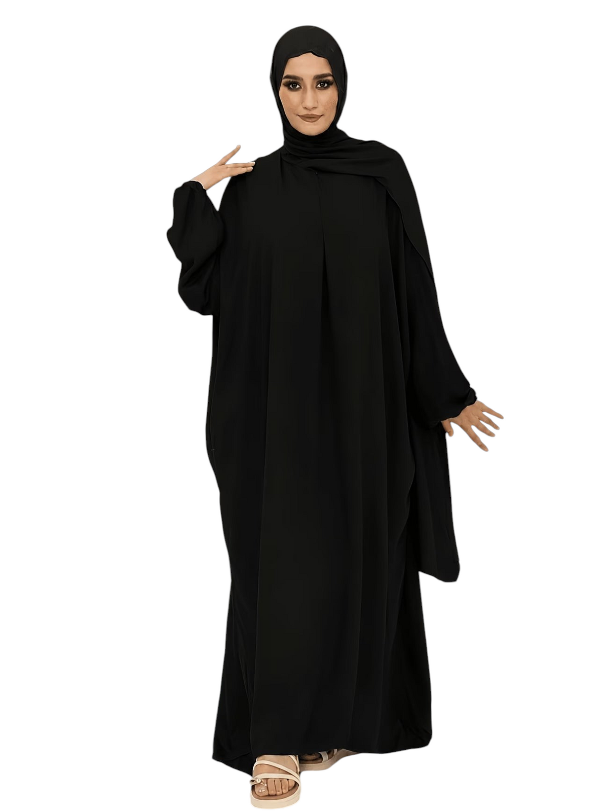 Linen & Loom black traditional abaya with an integrated scarf, featuring a loose, flowing silhouette for modest wear.