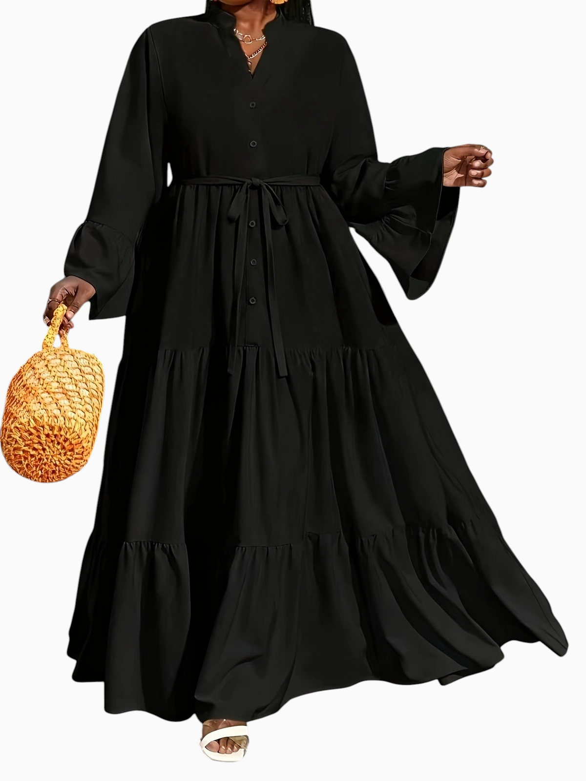 Linen & Loom plus size black midi tunic dress with long sleeves, V-neck, button front, and matching waist tie belt.