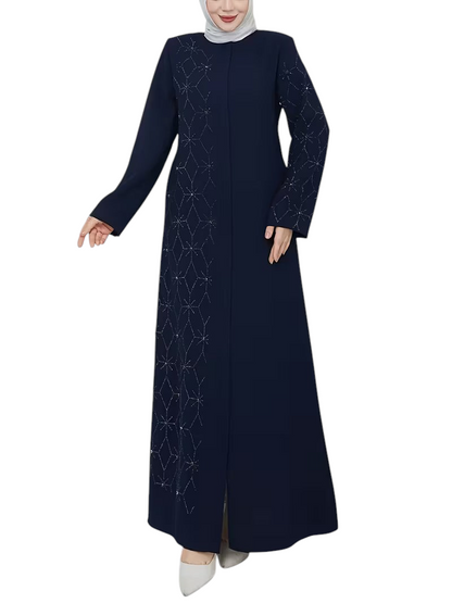 Linen & Loom navy blue abaya featuring delicate geometric rhinestone patterns on the front and sleeves.